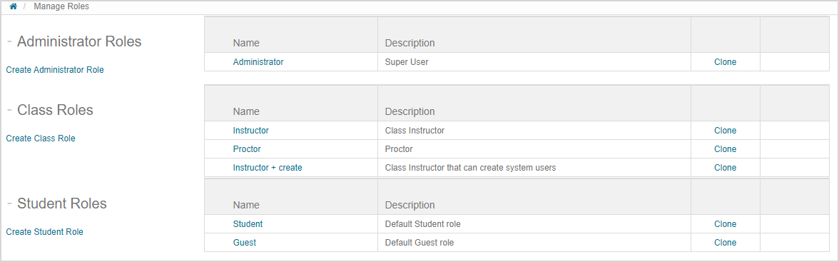 The Manage Roles page without the "Instructor - clone" role listed.